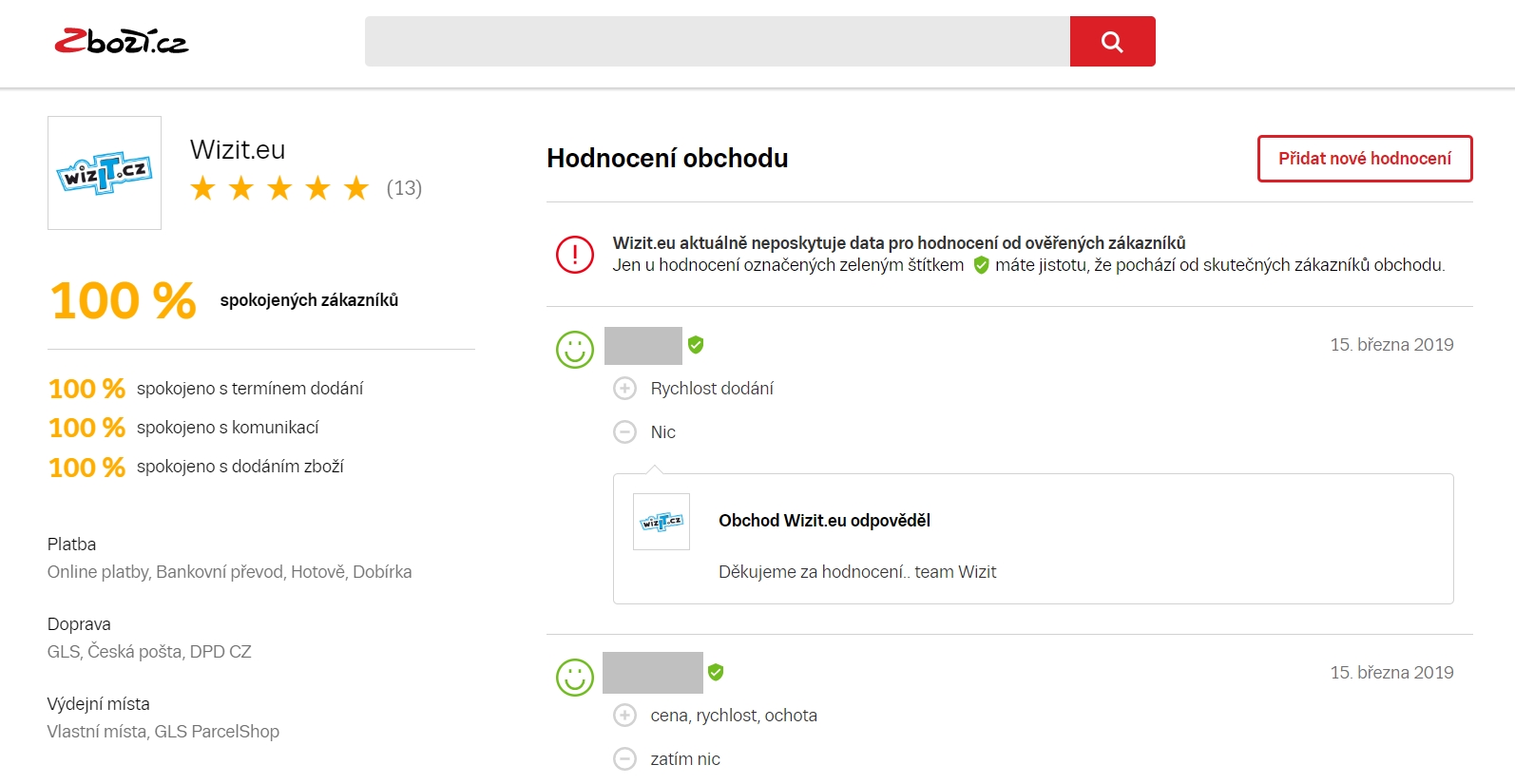 Hodnocení našich zákazníků na portálu Zboží.cz
